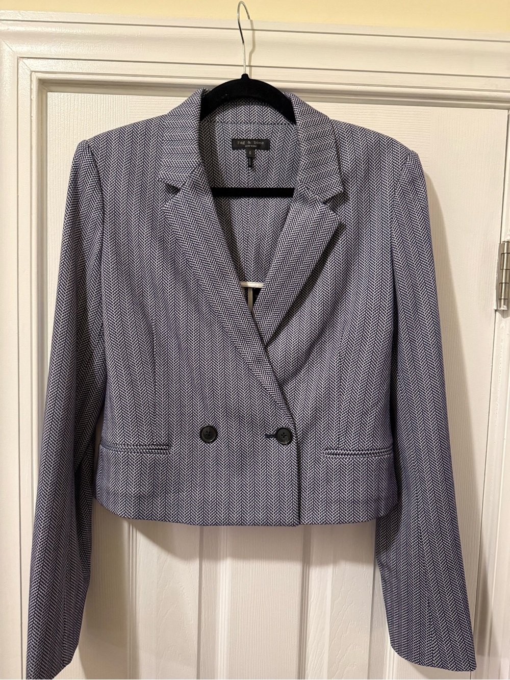 rag & bone Women's Blue Herringbone Cropped Double-Breasted Blazer